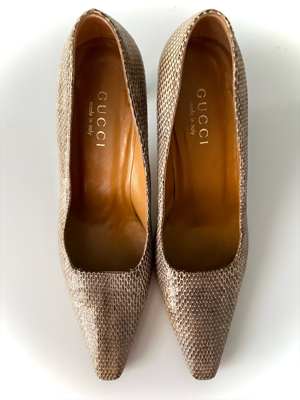 Gucci Beige and Gold Genuine Snake Pointed-Toe Pumps